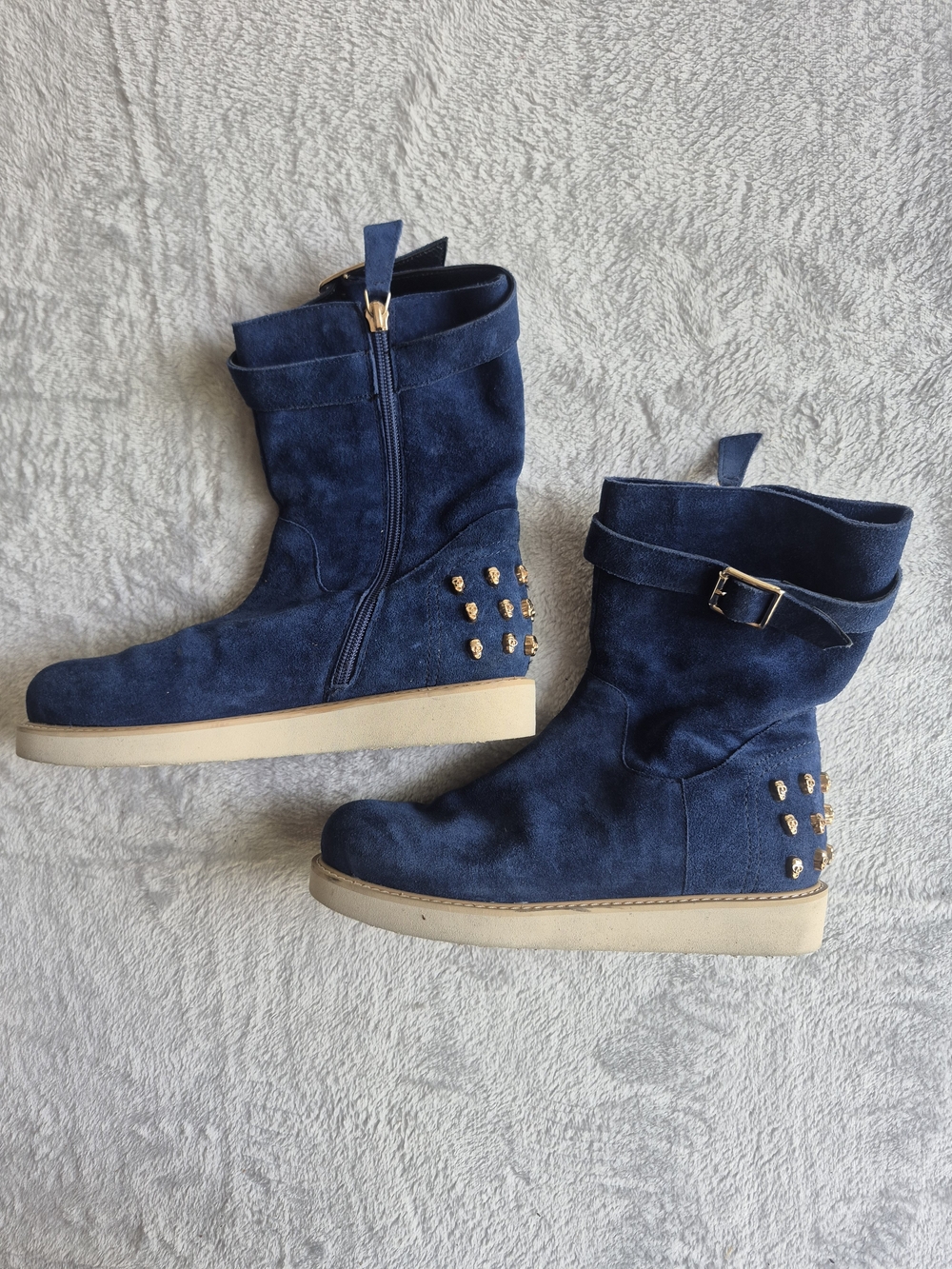 Alexander McQueen Navy Suede Mid-Calf Heeled Boots with Gold Studs